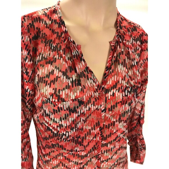 KUT from the Kloth Womens XS Sheer Red 3/4 Long Sleeve V Neck Button Down Blouse - Picture 2 of 9